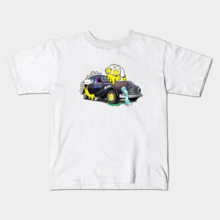 Dope mask cartoon man hugging a vintage car illustration Kids T-Shirt